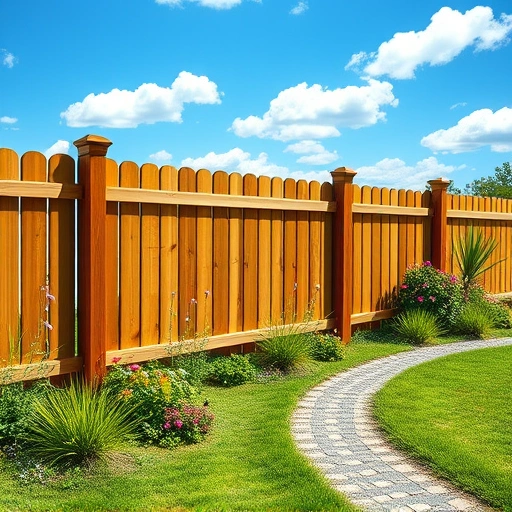 Wooden fence installation in Chickamauga, GA, surrounded by green grass, wildflowers, and a clear blue sky.