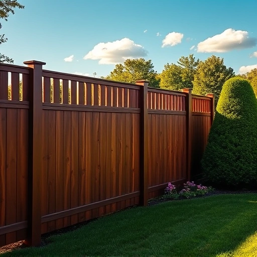Elegant wooden fences in mahogany surround a lush green yard in White, GA under a clear blue sky and golden sunlight.