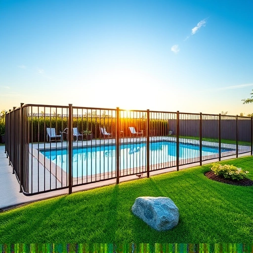 Modern aluminum pool fence installation in Cohutta GA, surrounded by lush landscaping and a serene sunset.