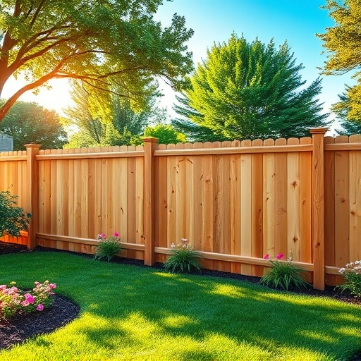 Completed wooden fence installation in Henagar AL, set in a vibrant backyard with flowering plants and blue sky.