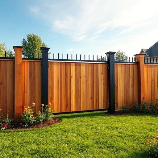 Completed fencing installation in Piedmont AL with wood and metal materials, surrounded by a lush lawn and vibrant flowers.