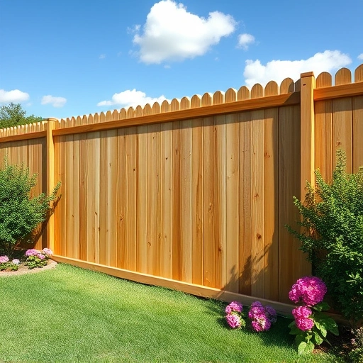 Wooden fence installation in Leesburg AL with lush lawn flowers and clear sky showcasing craftsmanship and beauty.