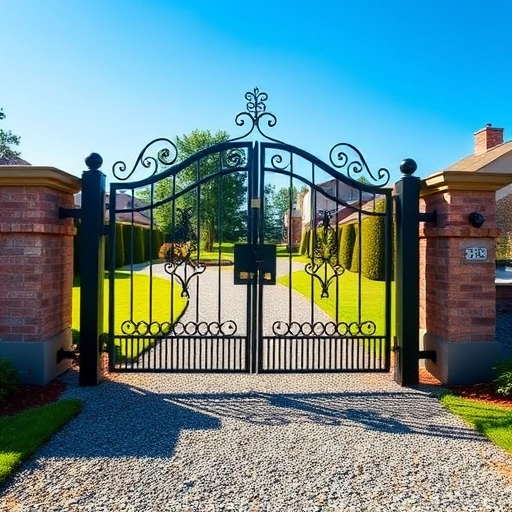 Completed gate repair in Cohutta GA featuring a sturdy wrought iron gate with elegant scrollwork and manicured lawn.
