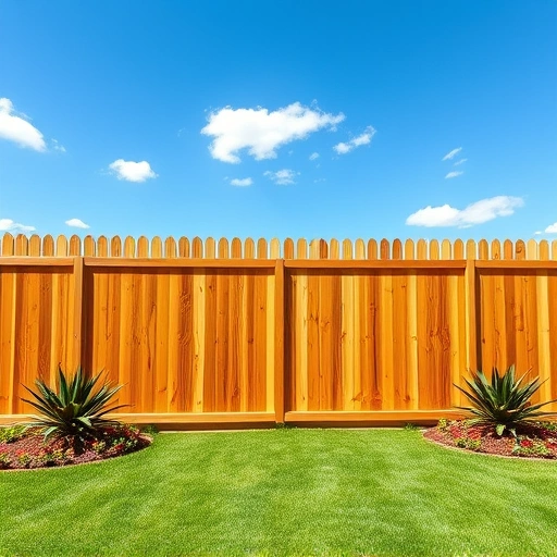 Completed wooden fence installation in Chickamauga GA with lush grass and colorful flower beds under a blue sky.