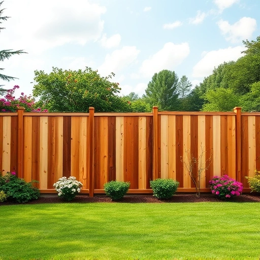 Beautiful wooden fence installation in LaFayette GA, surrounded by lush greenery and vibrant flowers under a clear sky.