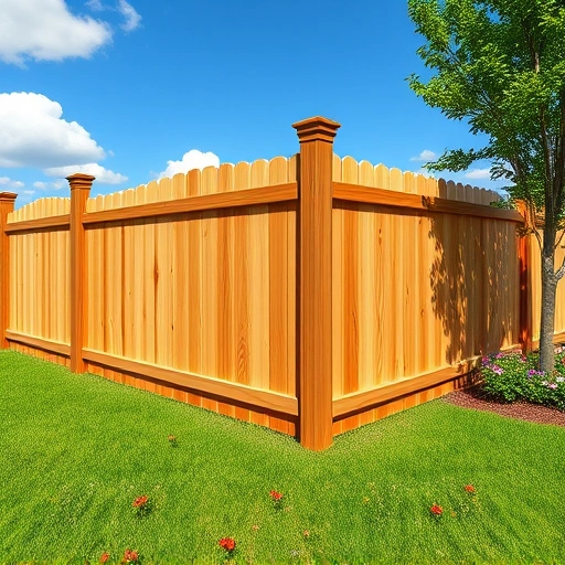 Perfect wooden fence installation in Trenton GA, surrounded by a lush lawn and colorful wildflowers under a blue sky.