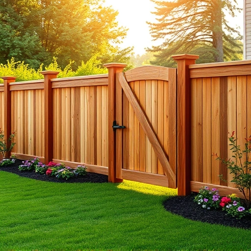 Beautiful wooden fence installation in Jacksonville AL, surrounded by vibrant flowers and lush grass under warm sunlight.