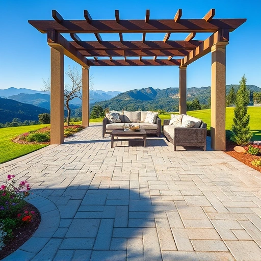 Completed patio in Cohutta GA featuring stone pavers, modern furniture, greenery, and mountain backdrop.