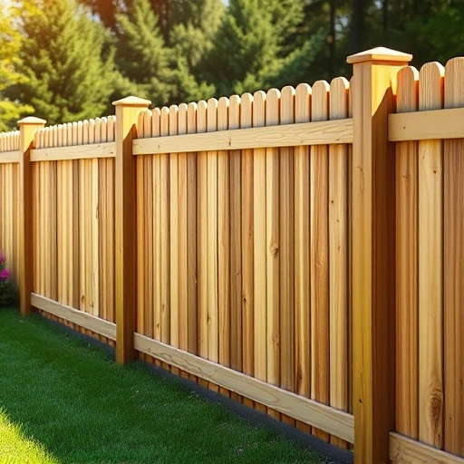Completed wooden fence installation in Gadsden AL with natural finish, lush grass, vibrant flowers, and serene garden backdrop.