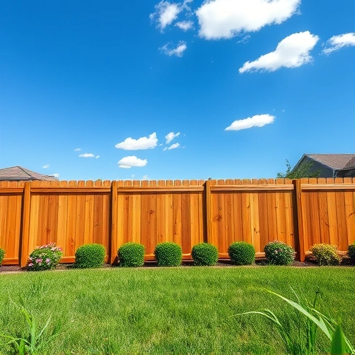 Wooden privacy fence in Cohutta GA with natural stain, lush grass, and serene suburban landscape under a clear blue sky.