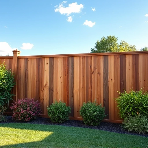 Wooden privacy fence in Rocky Face GA, made of cedar, surrounded by lush greenery and a clear blue sky.