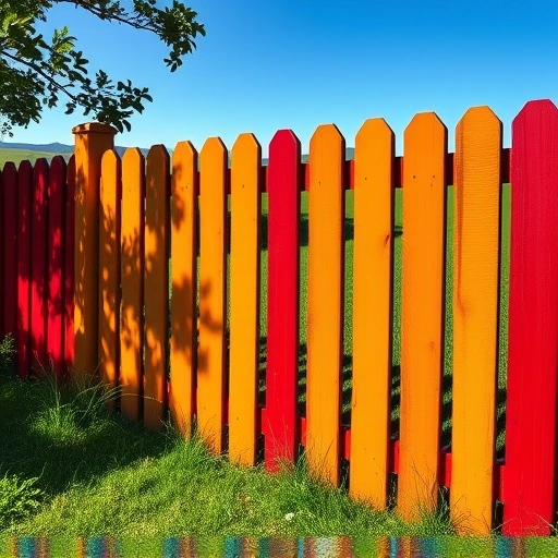 Vibrant newly painted wooden fence in Cohutta GA surrounded by greenery and rolling hills under a clear blue sky.