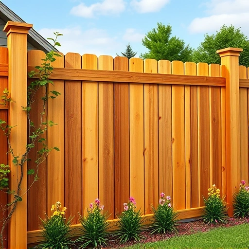 Beautiful wooden fence installation in Cartersville GA surrounded by lush greenery and vibrant flowers.
