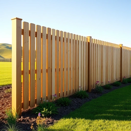 Completed wooden fence installation in Rock Spring GA surrounded by grass and flowers under warm sunlight.
