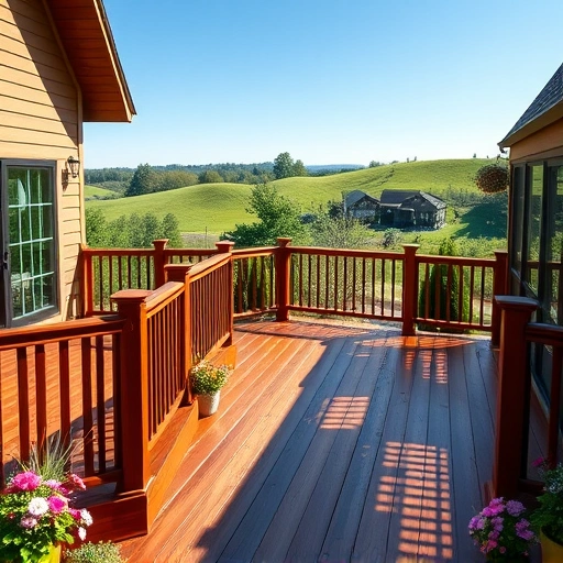 Custom hardwood deck in Cohutta GA surrounded by lush greenery and vibrant flowers under a clear blue sky.