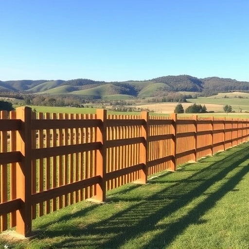Wooden fence in Cohutta GA, surrounded by rolling hills, green grass, and a clear blue sky, showcasing craftsmanship.