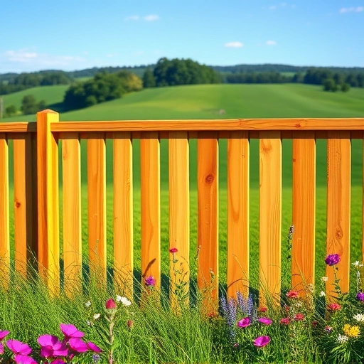 Completed wooden fencing project in Trenton GA surrounded by lush greenery, wildflowers, and rolling hills under a blue sky.