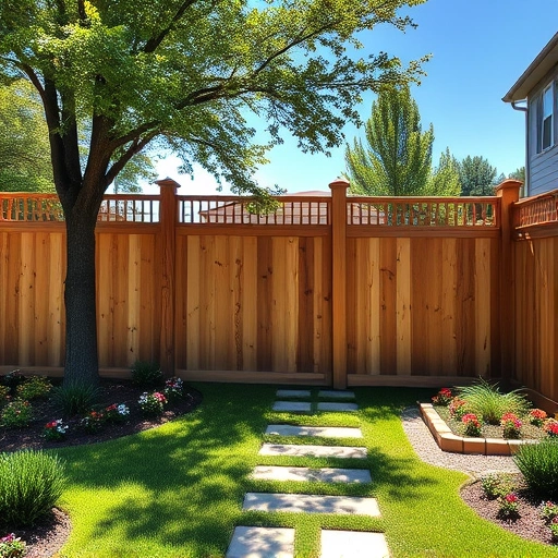 Beautiful wooden fence installation in Rome GA, surrounded by lush grass and vibrant flower beds under a blue sky.