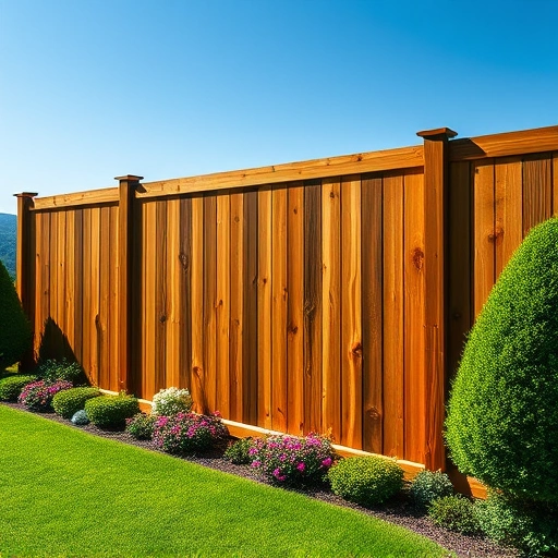 Beautiful wooden fence in Chickamauga GA, surrounded by flower beds and hedges against a serene landscape.