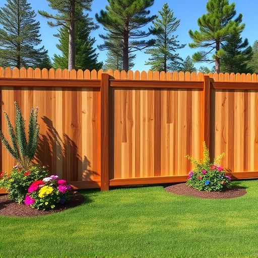Completed wooden privacy fence installation in Cohutta GA, surrounded by lush grass and vibrant flower beds.