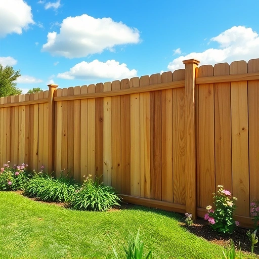Completed wooden fence in Henagar AL, surrounded by lush grass and flowers, set against a clear blue sky.