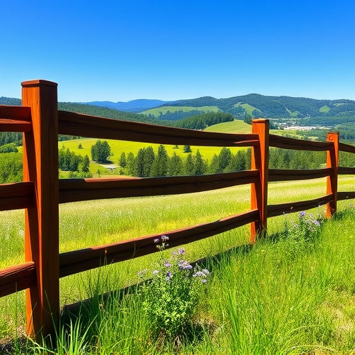 Completed wooden fencing in Cohutta GA surrounded by rolling hills, green grass, wildflowers, and a clear blue sky.