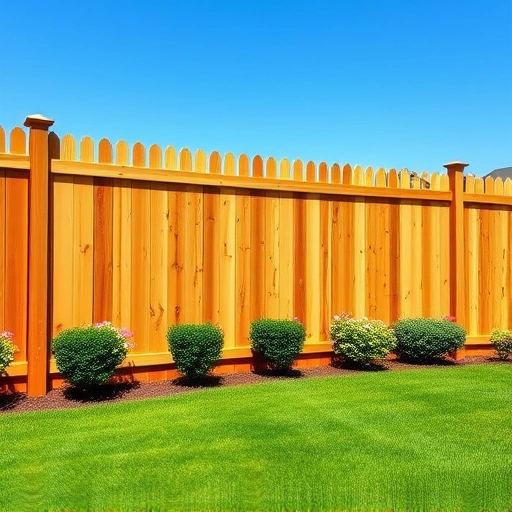 Completed wooden fence installation in Boaz AL with detailed wood grain, vibrant lawn, and sunny blue sky backdrop.