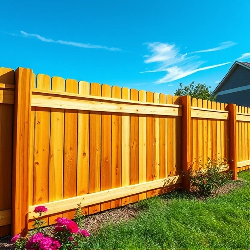 Beautiful wooden fence installation in Cohutta GA, surrounded by lush lawn and blooming flowers under a clear sky.