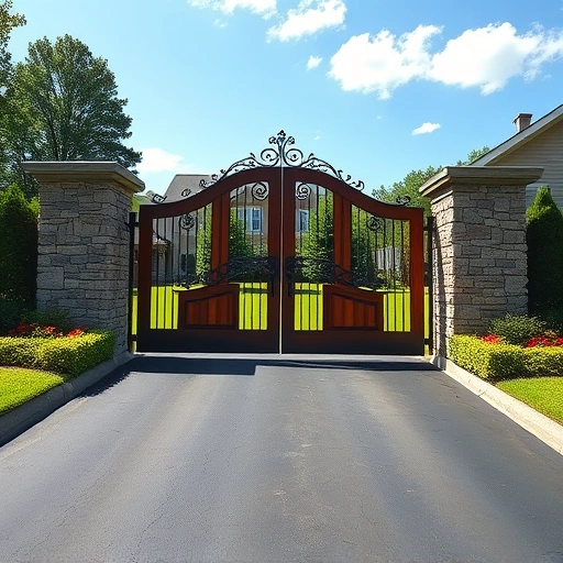 Driveway gate installation in Cohutta GA featuring a wooden gate with metalwork, stone pillars, and landscaped surroundings.