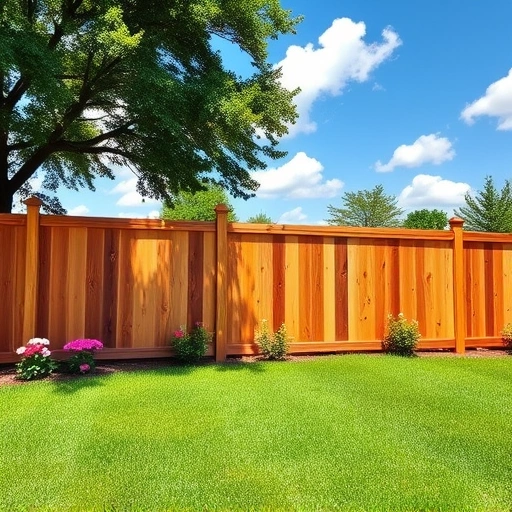 A completed wooden privacy fence in Collinsville AL blends with lush grass and flowers under a clear blue sky.
