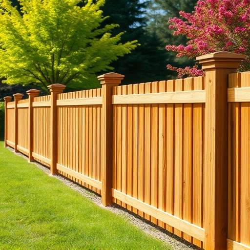 Completed wooden fence installation in Rainsville AL with polished surfaces, lush lawn, trees, and flowering shrubs.