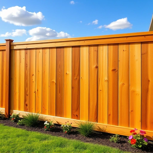 Completed wooden fence installation in Albertville AL surrounded by vibrant grass and flowerbeds under a clear blue sky