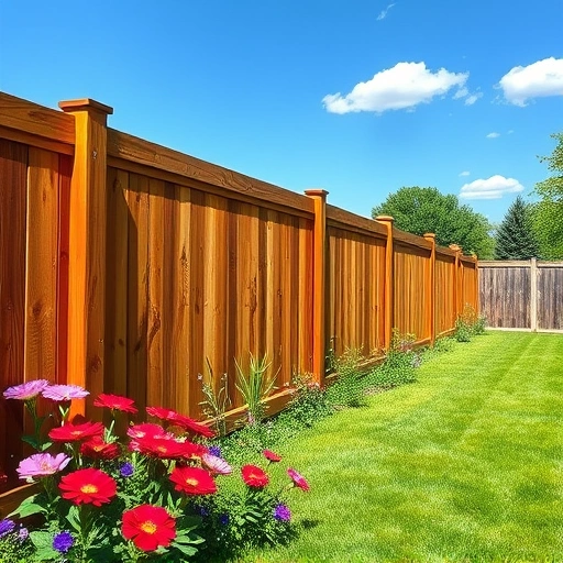 Beautiful wooden fence installation in Menlo GA, surrounded by vibrant flowers and a lush green yard under a blue sky.