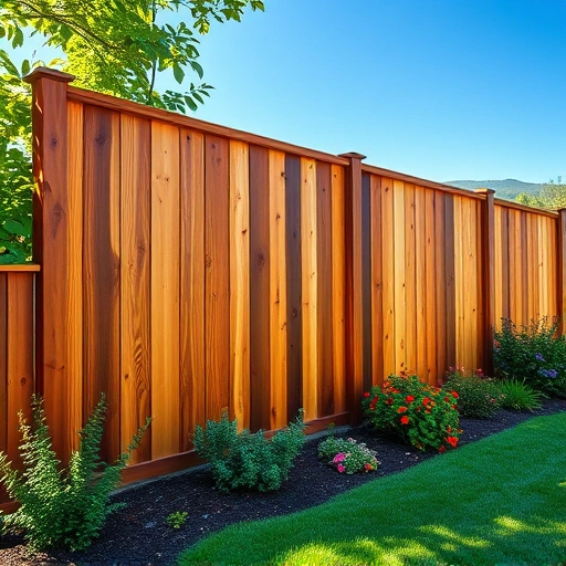Beautiful wooden fence installation in Cedartown GA surrounded by lush greenery and colorful flowers under blue sky.