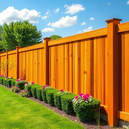 Fencing installation in Albertville AL featuring a polished wooden fence, vibrant flowers, and lush greenery.
