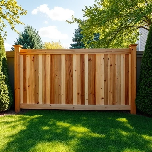 Completed wooden fence installation in Albertville AL with natural finish, vibrant lawn, and serene atmosphere.