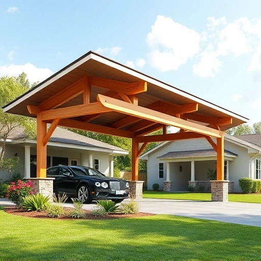 Completed carport in Cohutta GA features modern design, wooden beams, lush landscaping, and clear sky.