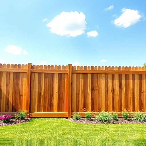 Beautiful wooden fence installation in Fairmount GA, surrounded by lush grass and vibrant flowers under a clear blue sky.
