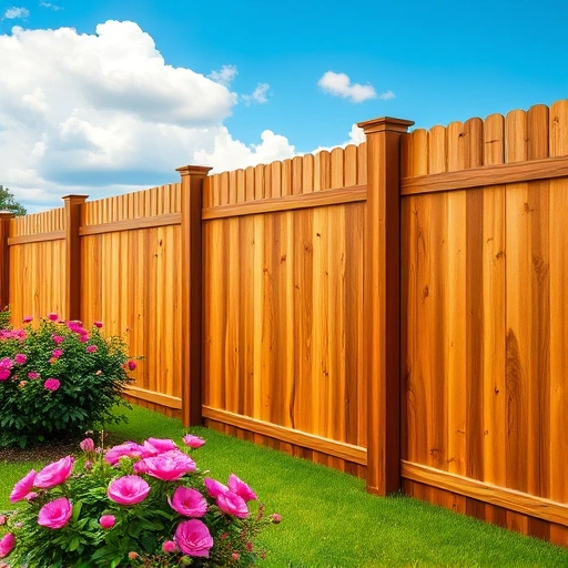 Completed wooden fence installation in Canton GA with lush lawn and blooming flowers under a clear blue sky