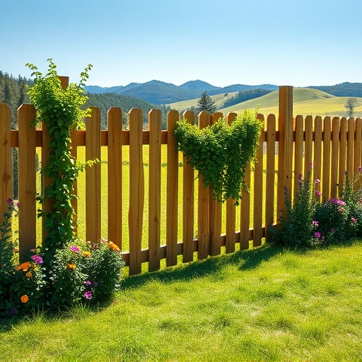 Completed wooden pet fence installation in Cohutta GA surrounded by green foliage and colorful flowers.