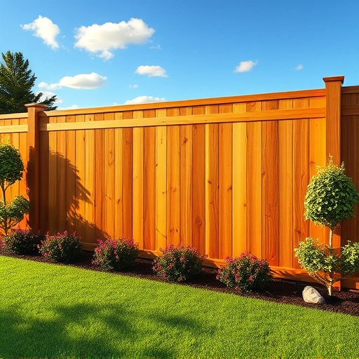 Wooden privacy fence in Calhoun GA, made of cedar, surrounded by lush grass and vibrant shrubs under a clear blue sky.