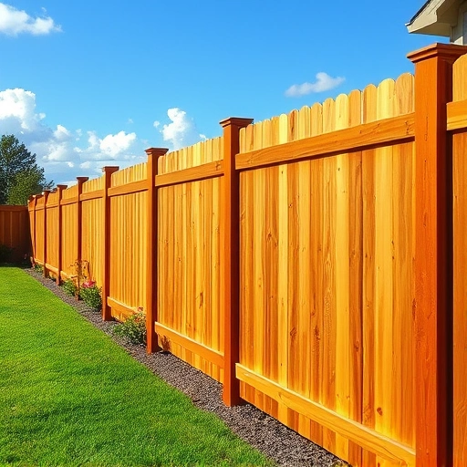 Beautiful wooden fence installation in Piedmont AL with lush grass and colorful flower beds under a clear blue sky.
