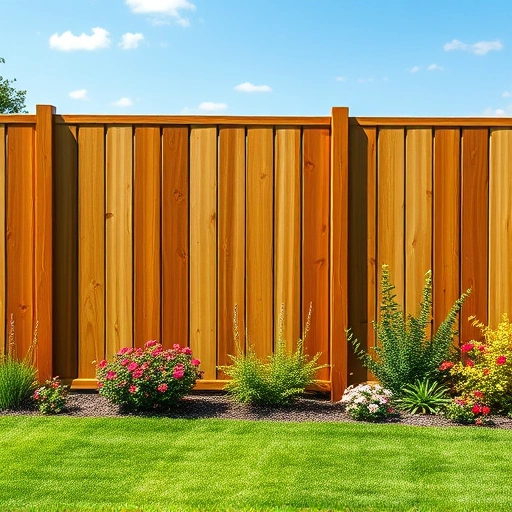 Wooden fence installation in Chattanooga TN surrounded by lush grass and flowers under a clear blue sky.