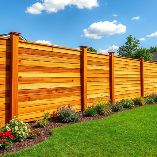 Completed wooden fence installation in Ringgold GA with horizontal slats, lush lawn, and vibrant landscaping.
