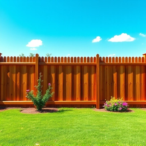 Completed wooden privacy fence in Calhoun GA, surrounded by lush grass and colorful flowers under a blue sky.