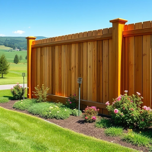 Completed wooden fence in Adairsville GA, surrounded by lush grass, flowers, and hills under a clear blue sky.