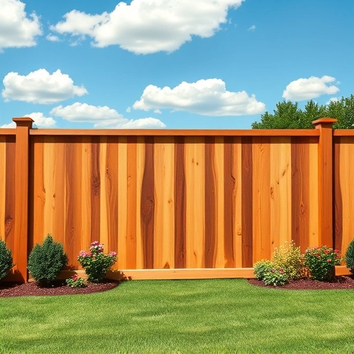 Completed wooden fence panel replacement in Cohutta GA, showcasing craftsmanship with vibrant landscaping and blue sky.