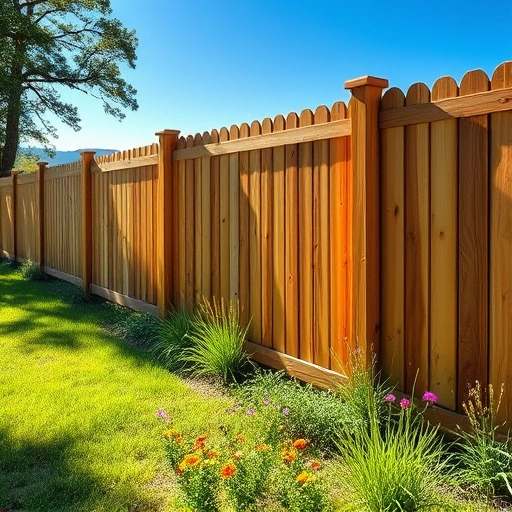 Beautiful wooden fence installation in Fort Payne AL, surrounded by green grass, wildflowers, and rolling hills.