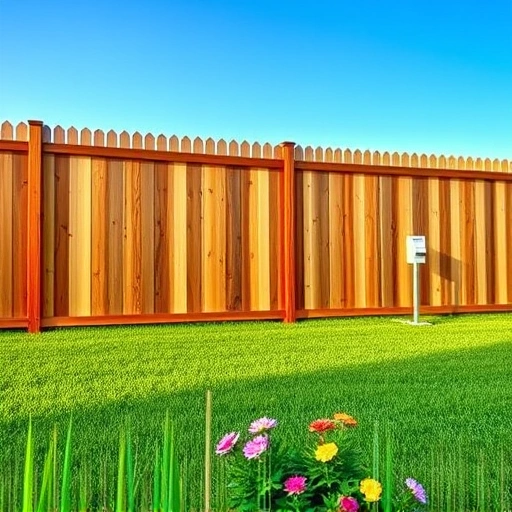 Completed wooden privacy fence in Cartersville GA, surrounded by green grass and colorful flowers under a clear blue sky.