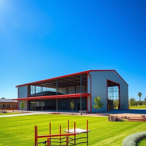 Completed Red Iron Steel Building in Cohutta GA with polished beams, green landscape, and construction tools.